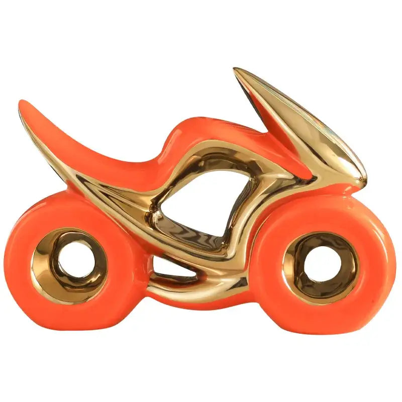 Vibrant orange and gold ceramic motorcycle light decoration with glossy finish for living room display