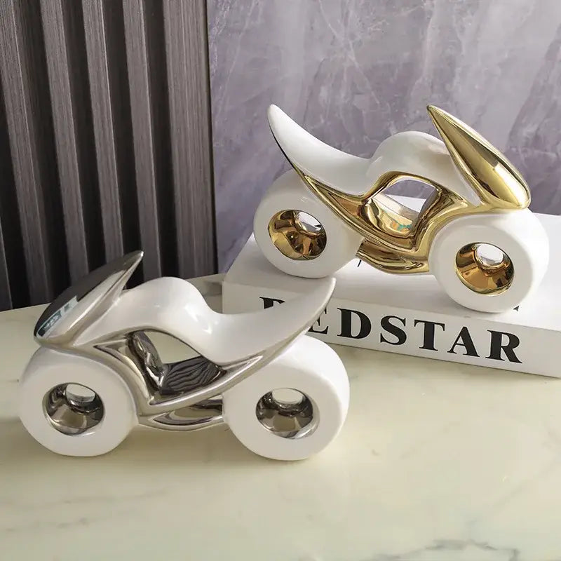 White and gold ceramic motorcycle light decoration with sleek modern design for living room decor