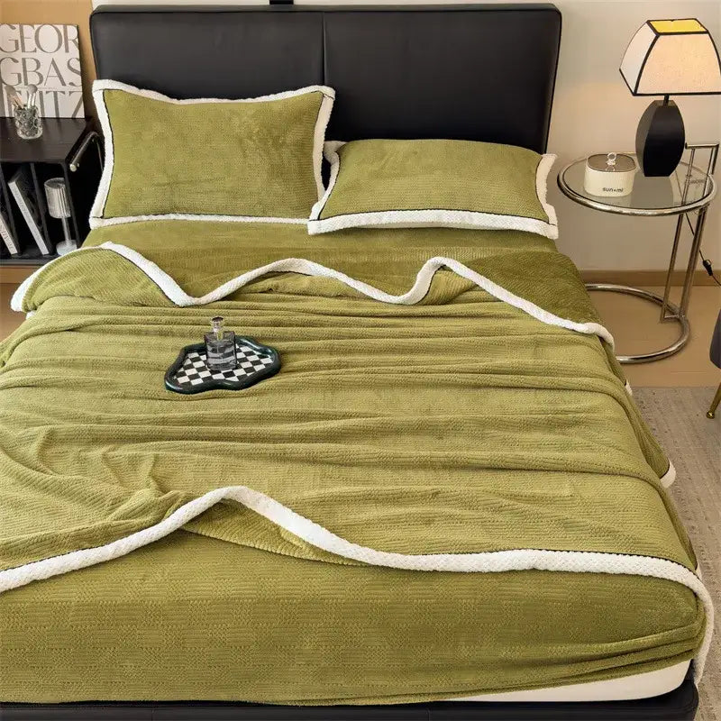 Olive green plush velvet blanket with soft white fleece border and textured surface decorbites carved velvet blanket