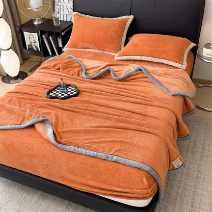 Orange plush velvet blanket with gray carved velvet trim and matching pillowcases for living room decorbites throw