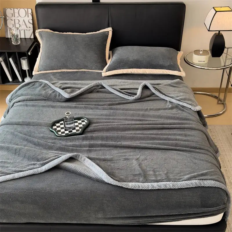 Gray plush carve velvet blanket with soft textured surface and light gray fleece trim for living room decorbites throw