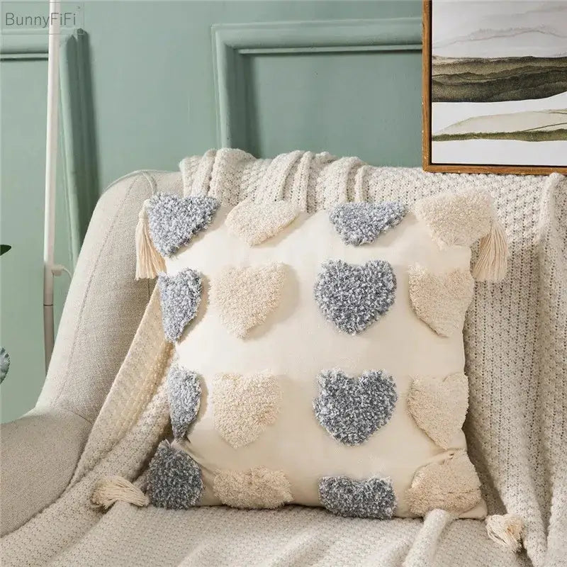 Cream and gray pom-pom heart embroidery cushion cover with tassels perfect for living room decorbites heart embroidery decor