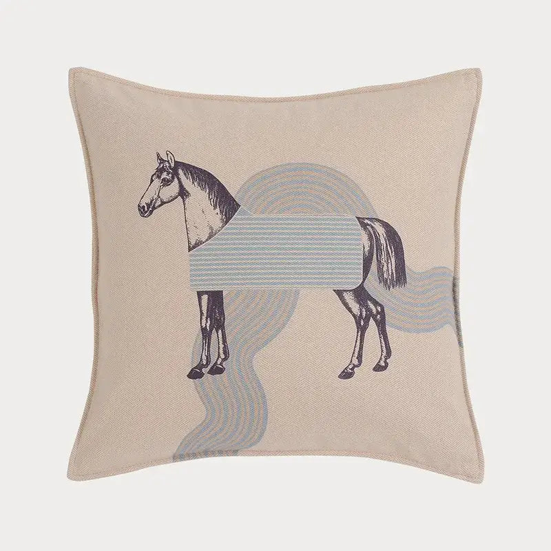 Beige decorbites 45x45 square throw pillowcase with stylized horse illustration and striped light blue blanket for living room decor
