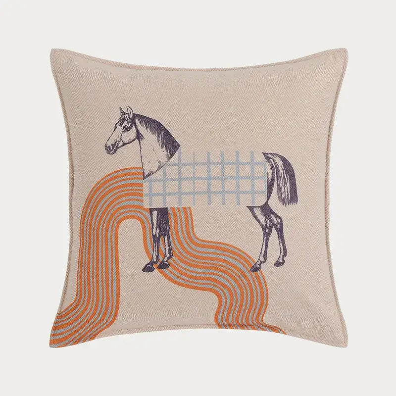 Beige decorbites 45x45 square throw pillowcase with stylized orange horse and gray wavy lines for living room decor