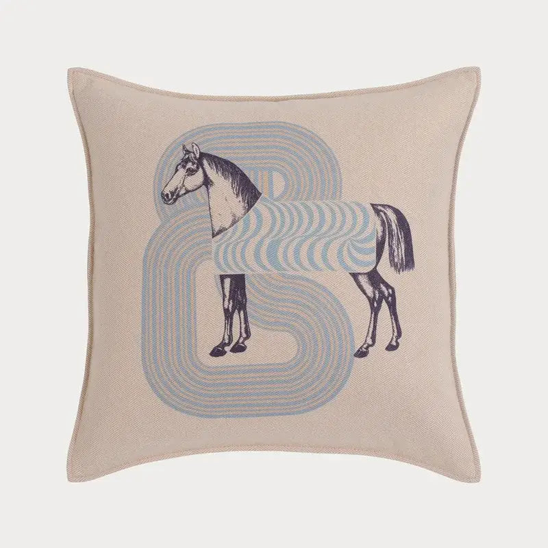 Beige decorbites 45x45 square throw pillowcase with stylized black and light blue horse illustration for living room decor