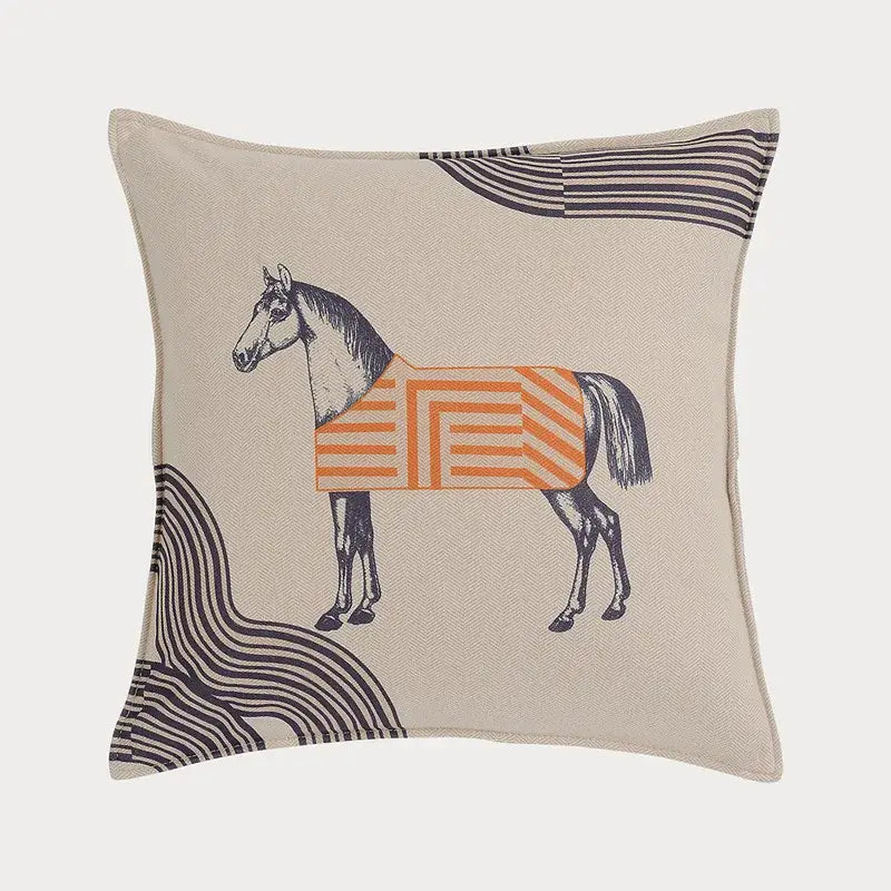 Beige decorbites 45x45 square throw pillowcase with stylized black horse and orange white striped blanket for living room decor