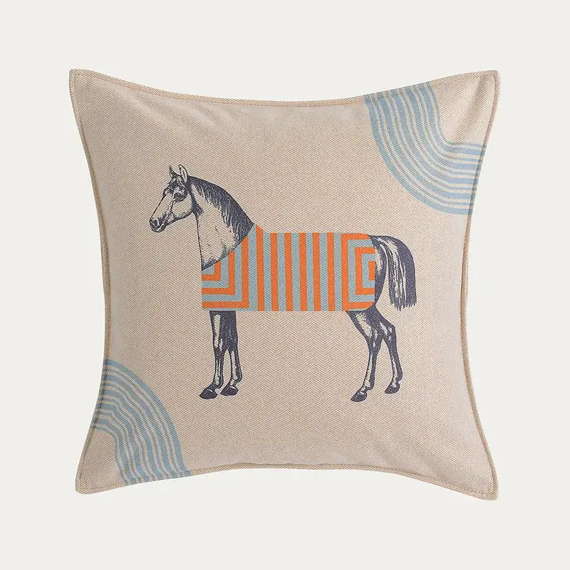 Beige herringbone living room decorbites 45x45 square throw pillow with stylized black horse and orange blue striped blanket