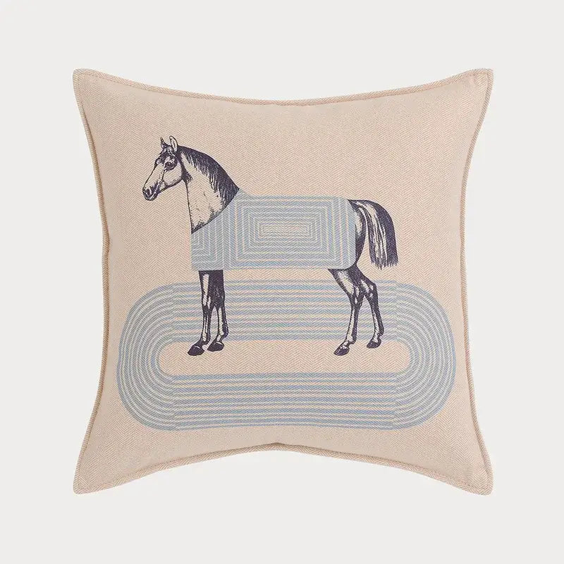 Beige decorbites 45x45 square throw pillowcase featuring a navy blue and light gray geometric horse for living room decor