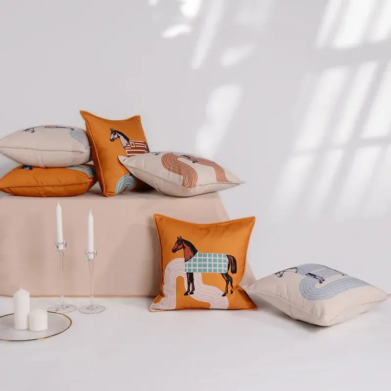 Orange horse 45x45 square throw pillowcase with embroidered horse and green checkered blanket for living room decorbites 45x45 square