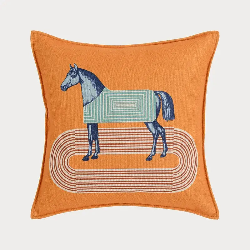 Orange horse 45x45 square throw pillowcase with navy blue stylized horse and geometric blanket for living room decorbites 45x45 square