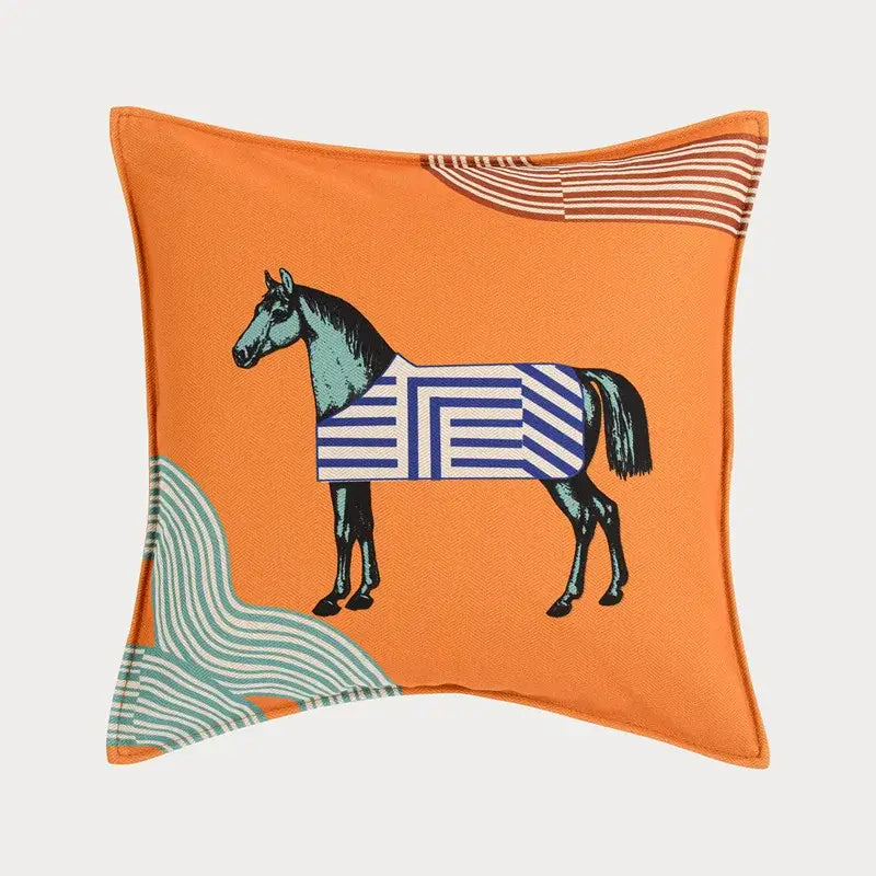 Orange horse 45x45 square throw pillowcase with teal horse and abstract wave pattern for living room decorbites 45x45 square