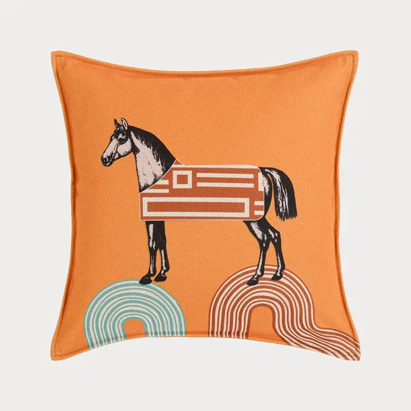 Orange horse 45x45 square throw pillowcase with geometric horse design and rainbow arcs for living room decorbites 45x45 square
