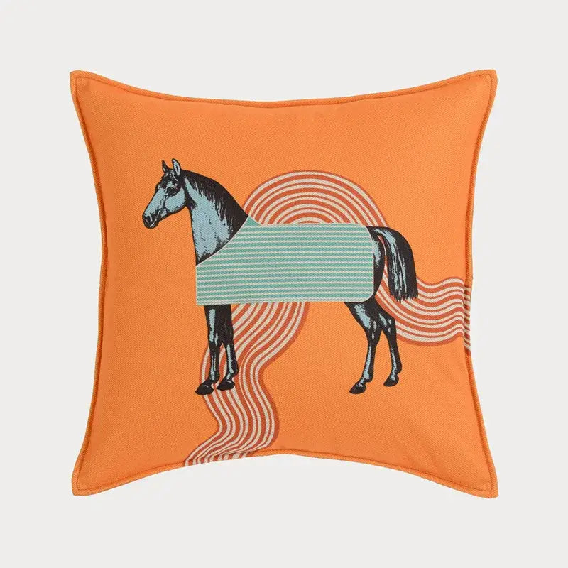 Vibrant orange horse 45x45 square throw pillowcase with stylized black horse and flowing wave patterns for living room decorbites 45x45 square