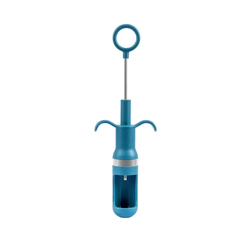 Teal plastic and metal wine bottle opener with ring handle shown alongside an orange metal cherry pitter fruit core remover
