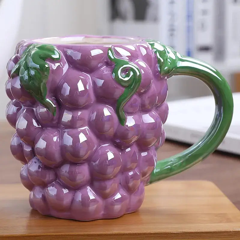 Purple grape-shaped ceramic fruit cup with green vine handle colorful fruit ceramic for kitchen breakfast decorbites