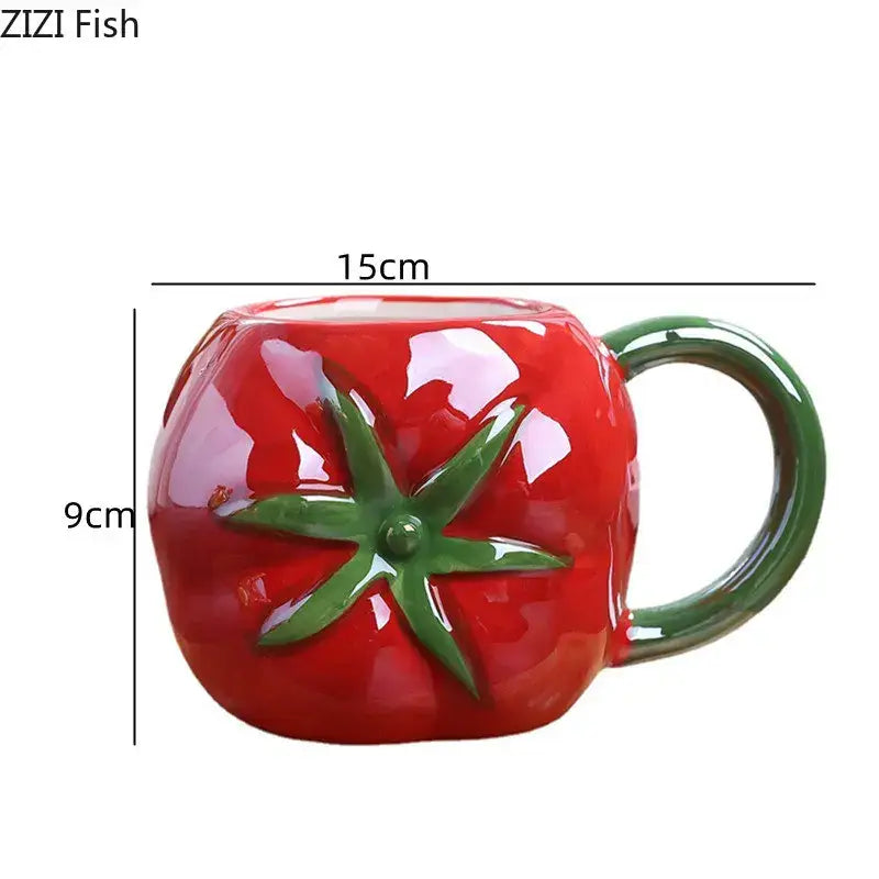 Orange pumpkin fruit ceramic cup with vibrant red glossy tomato design and green handle colorful fruit ceramic decorbites