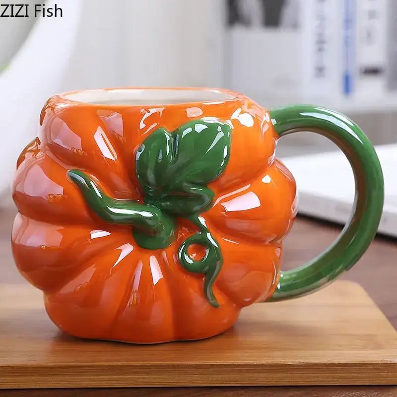 Vibrant orange fruit ceramic cup with glossy finish and green leafy stem handle for kitchen breakfast by zizi fish decorbites colorful fruit