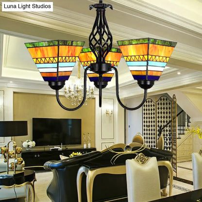 Orange Stained Glass Pyramid Hanging Light - Mission Style Chandelier with Gooseneck & 3 Lights