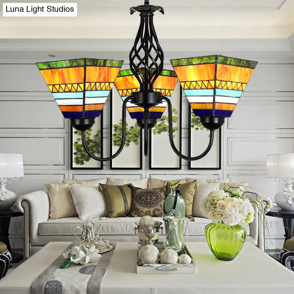 Orange Stained Glass Pyramid Hanging Light - Mission Style Chandelier with Gooseneck & 3 Lights