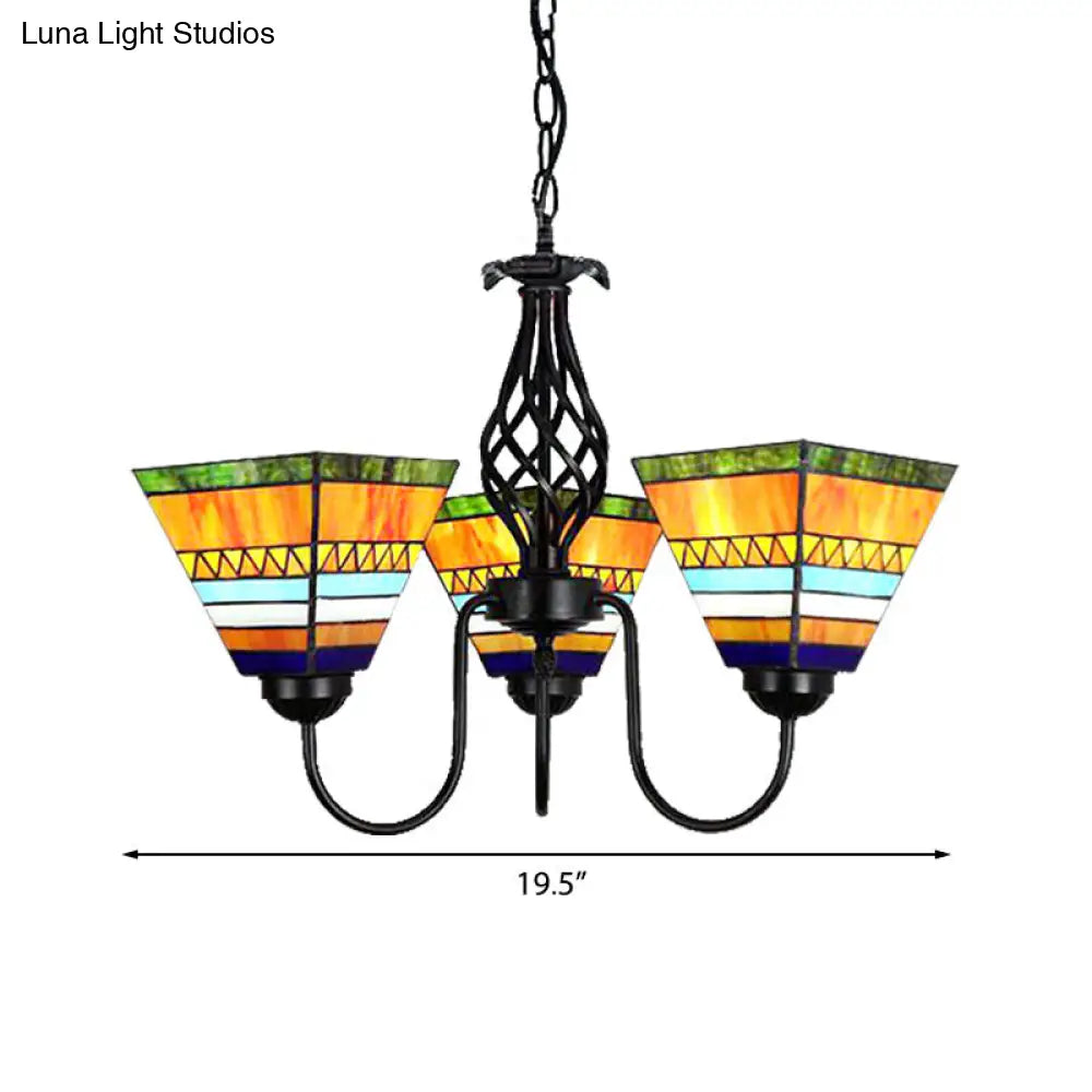 Orange Stained Glass Pyramid Hanging Light - Mission Style Chandelier with Gooseneck & 3 Lights