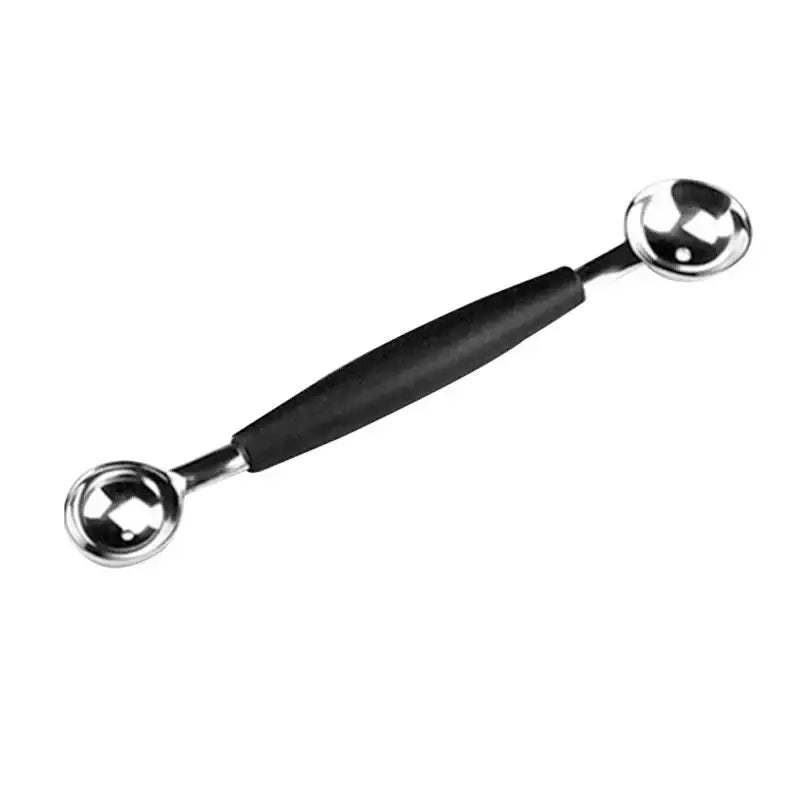 Black-handled orange stainless steel mini ball digger kitchen tool with two shiny spherical ends for fruit baller use