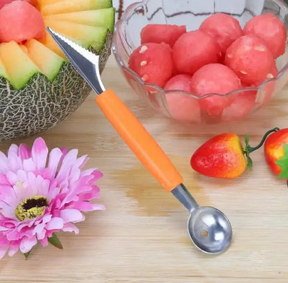 Orange-handled kitchen tool mini ball digger with stainless steel blade and scoop for precise melon balling