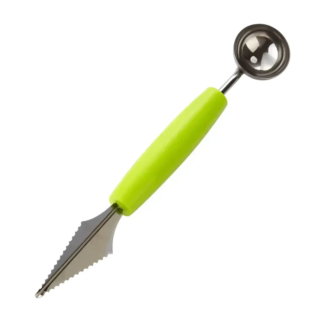 Orange stainless steel mini ball digger kitchen tool with lime green plastic handle and serrated scoop blade