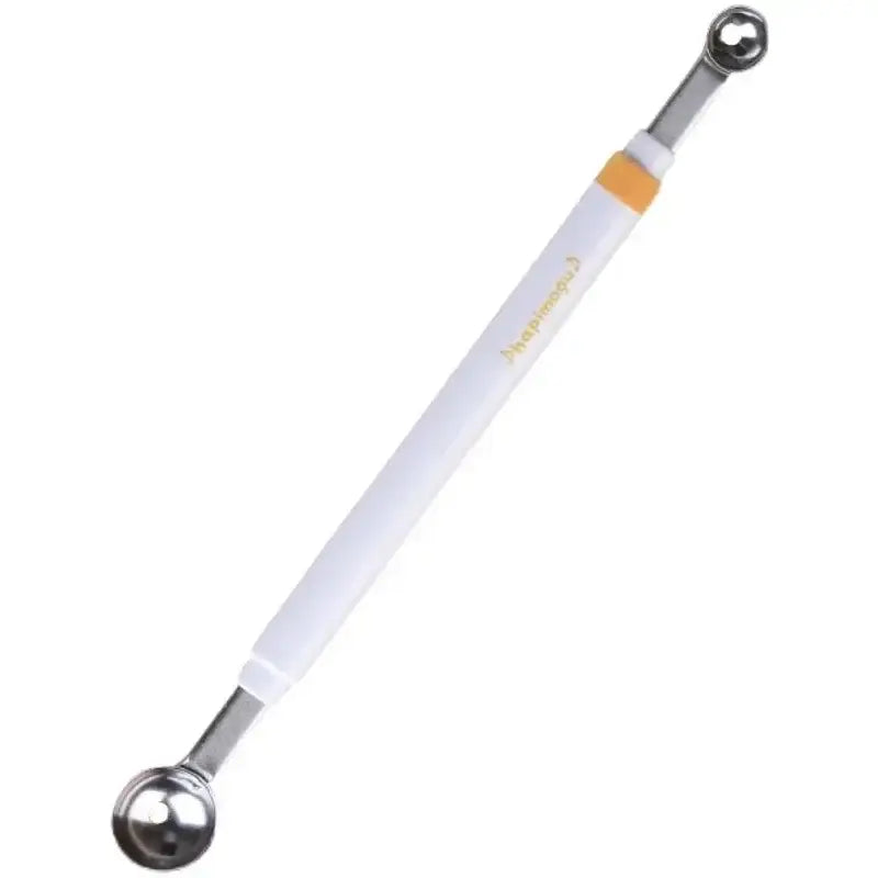 White-handled orange accent stainless steel mini ball digger kitchen tool with shiny metallic tip and cupcake branding