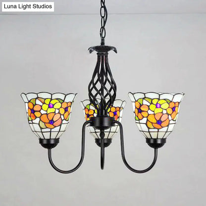 Orange Tiffany Stained Glass Pendant Chandelier with Adjustable Chain and 3 Gooseneck Lights