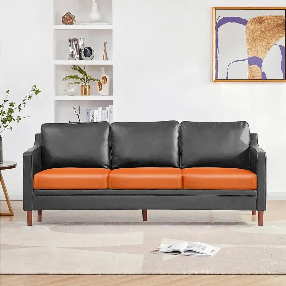 Black and orange two-tone waterproof pu leather sofa with wooden legs and seat cover for living room protection