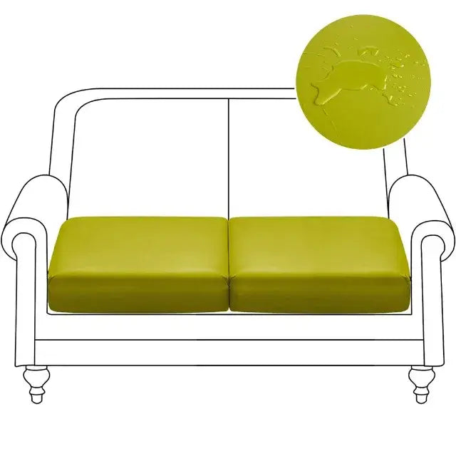 Lime green two-seater sofa with embossed cushions featuring an orange waterproof pu leather seat cover protector