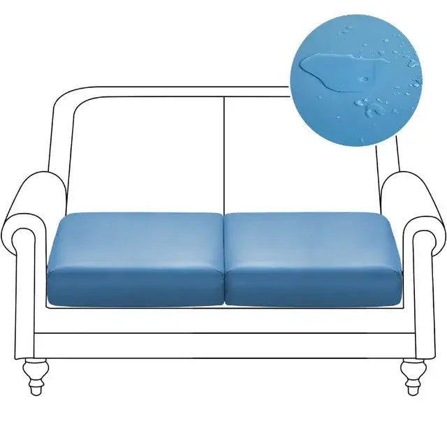 Blue waterproof pu leather sofa cushion cover designed as a living room protector for an orange sofa seat
