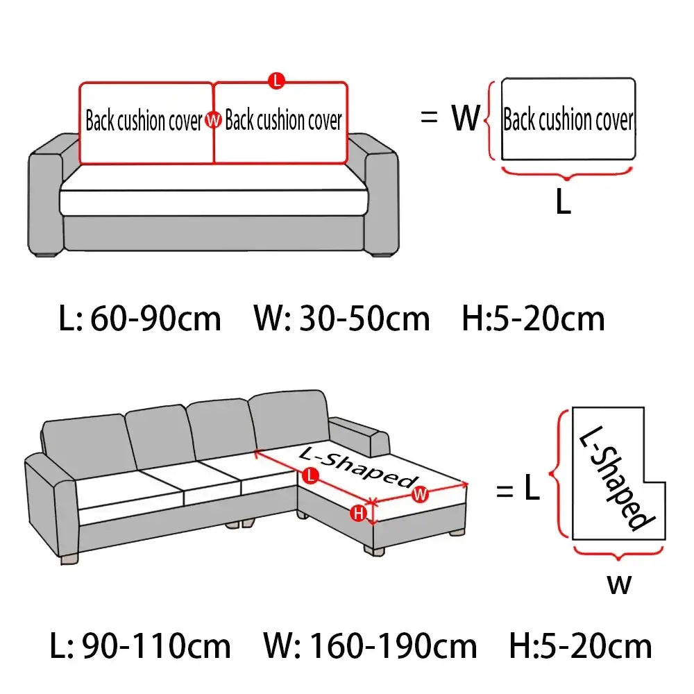 Back side of l-shaped sofa back cushion cover in gray fabric with precise l and w measurements for tailored fit on orange waterproof pu leather sofa seat cover living room protector