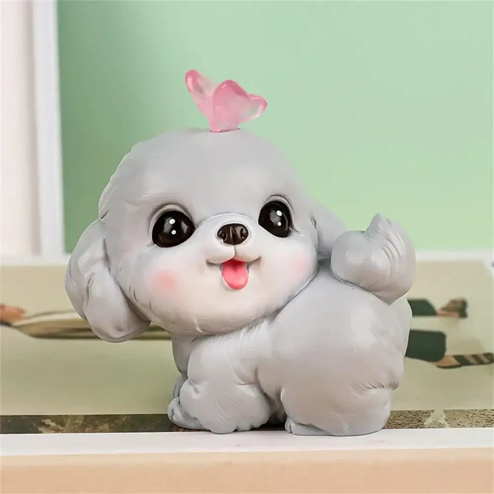 Cute gray poodle dog figurine miniature with pink heart and glossy black eyes from decorbites dog figurine set