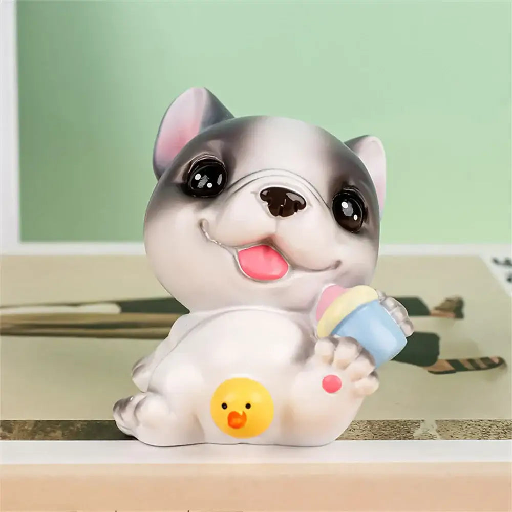 Cute gray and white french bulldog dog figurine miniature holding colorful ice cream cone for decorbites dog figurine set