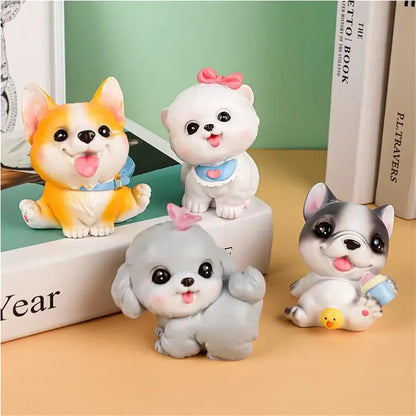 Orange and white corgi dog figurine miniatures resin decorbites dog figurine for bedroom decor with colorful puppy set