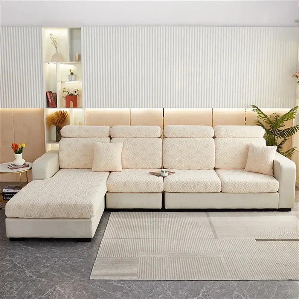 Cream-colored quilted diamond-patterned sofa seat cover made of jacquard velvet for living room protection