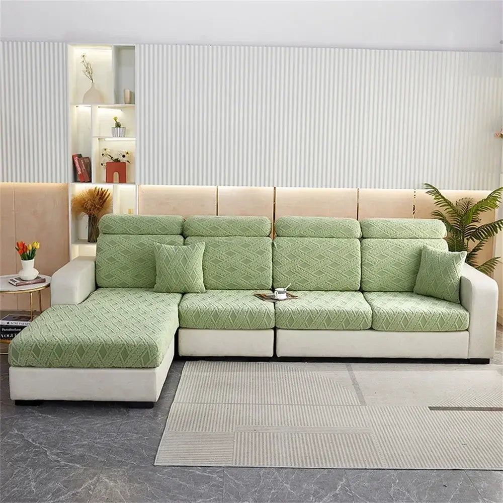 Light green quilted sofa seat cover with diamond pattern designed for l-shaped sectional in velvet seat covers