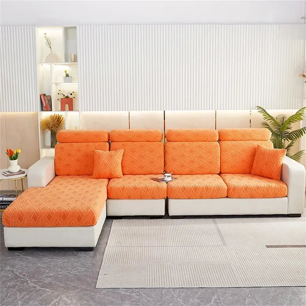 Orange and white jacquard velvet quilted sofa seat covers with white frame for living room seat protection