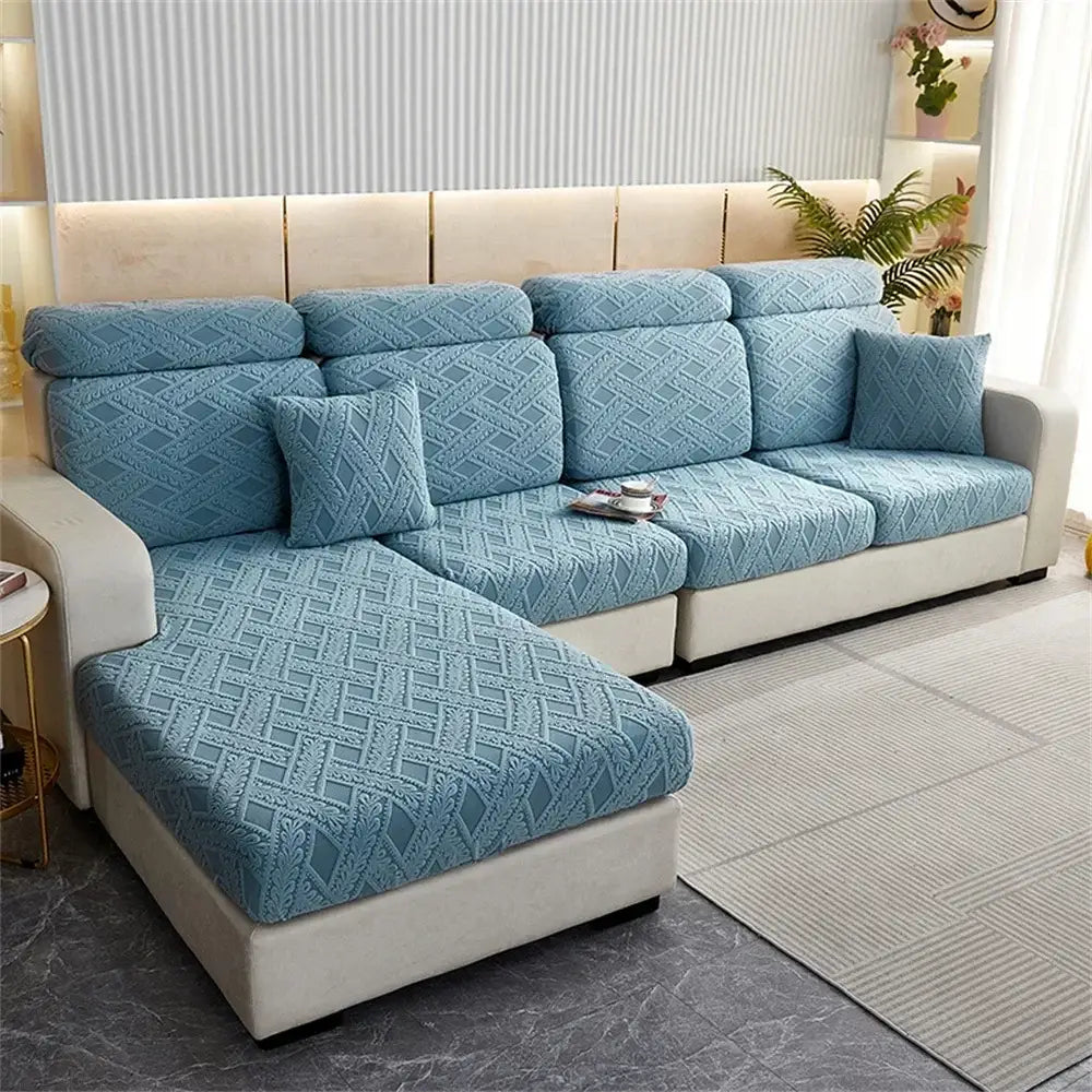 Light blue textured jacquard velvet sofa seat covers with geometric pattern for living room sofa seat protection