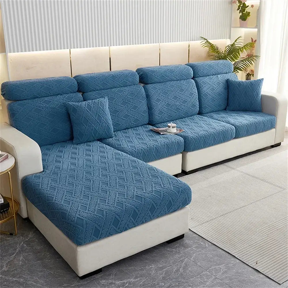 Blue textured fabric sofa seat cover with woven diamond pattern for living room sofa seat covers protector