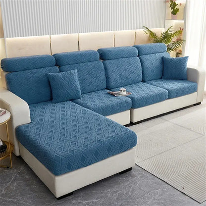 Blue textured fabric sofa seat cover with woven diamond pattern for living room sofa seat covers protector