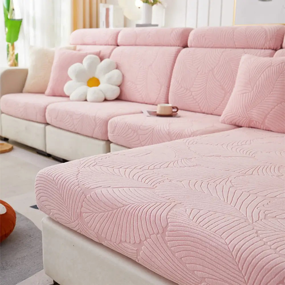 Pink leaf patterned jacquard stretch sofa cover with soft textured fabric for living room protection