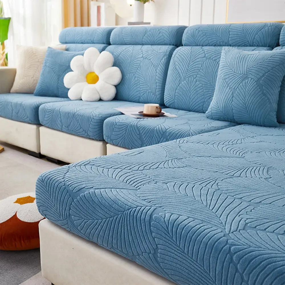 Blue leaf-patterned jacquard stretch sofa cover for living room protector with orange and white leaf design
