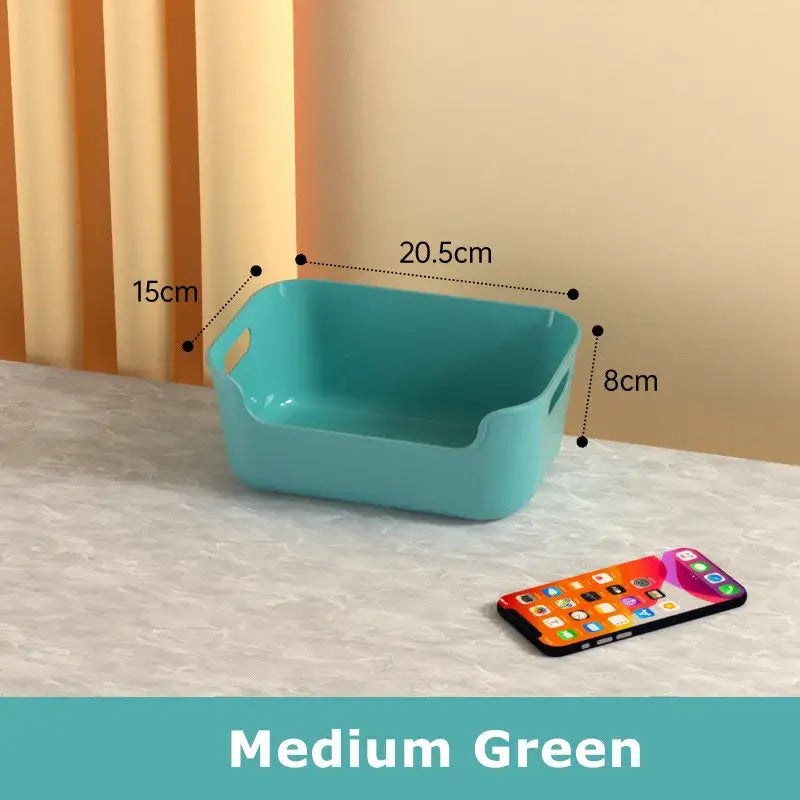 Medium green rectangular plastic desktop storage basket with integrated handles for decorbites desktop storage organizer