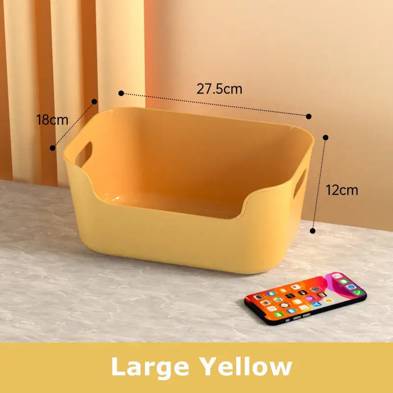 Large yellow plastic storage box with integrated side handles for decorbites desktop storage basket office organizer