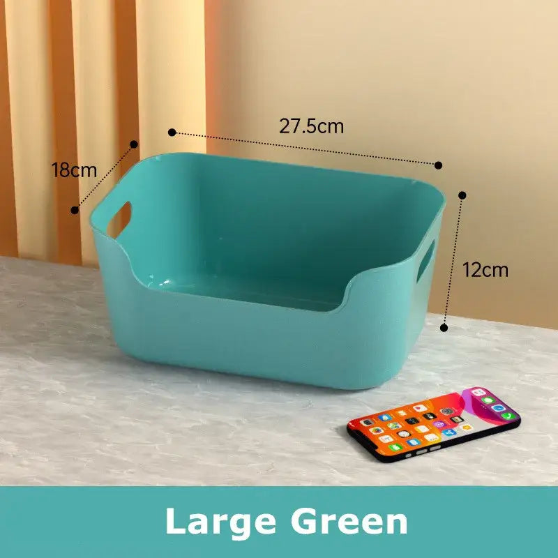 Large green plastic storage box with integrated handles designed as a decorbites desktop storage basket organizer