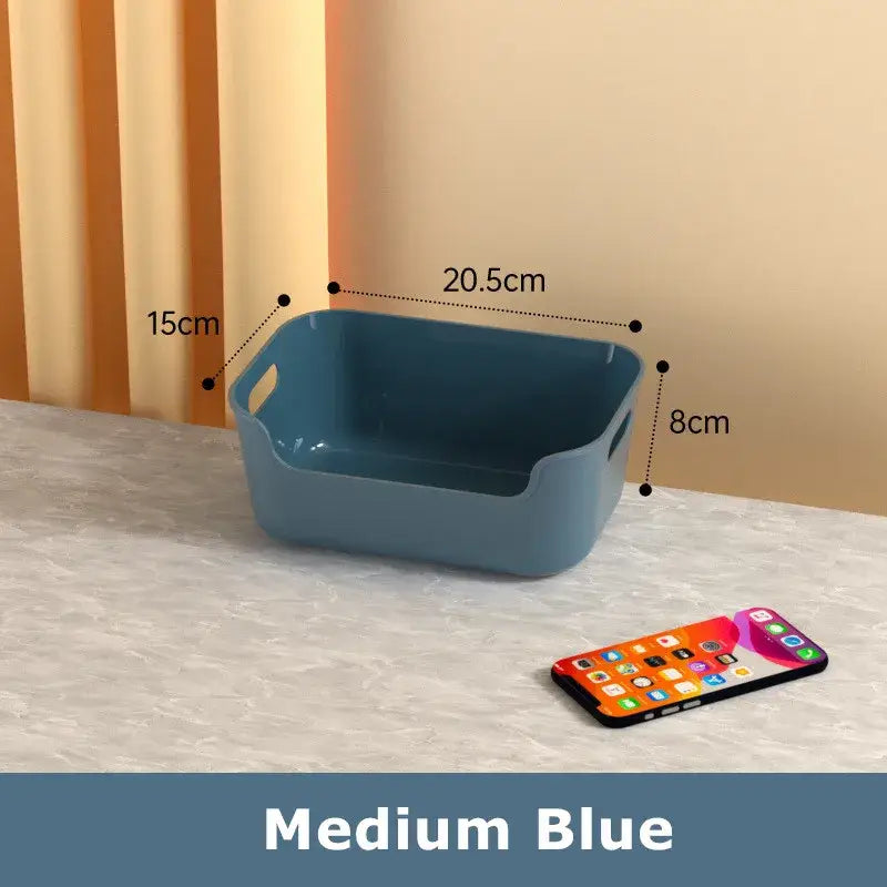 Medium blue rectangular plastic desktop storage basket with integrated side handles for decorbites desktop storage organizer