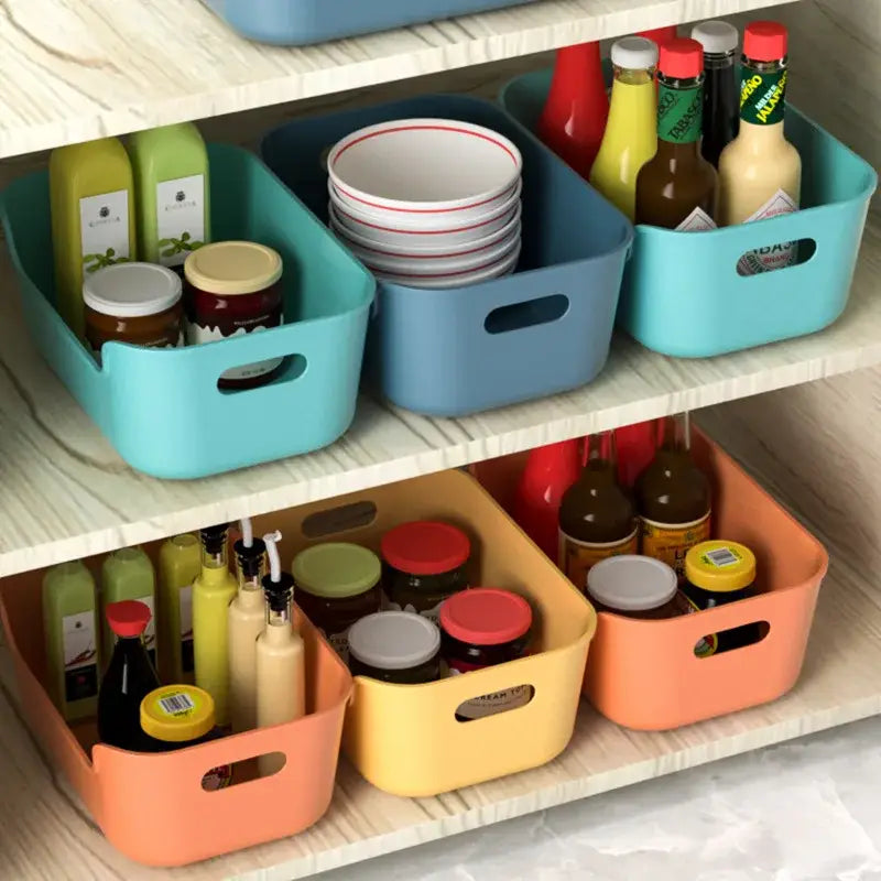 Orange yellow and teal plastic desktop storage basket with handles for decorbites desktop storage organizer box