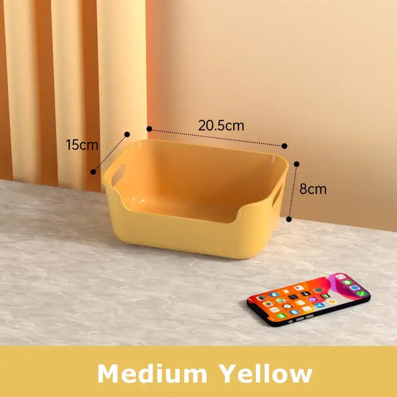 Medium yellow rectangular plastic desktop storage basket with integrated handles for decorbites desktop storage organizer